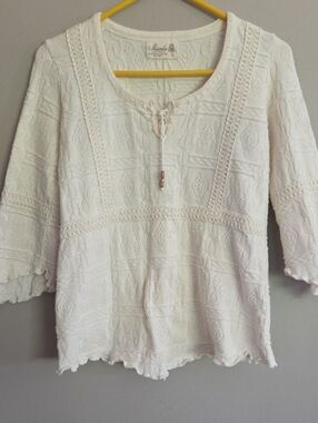 Natural Textured Crochet-Trim Peasant Top